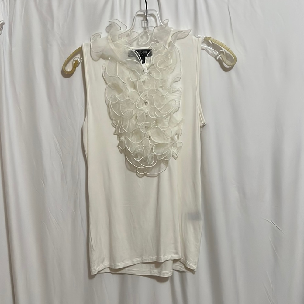 August Silk Soft White Blouse with front ruffles Size P